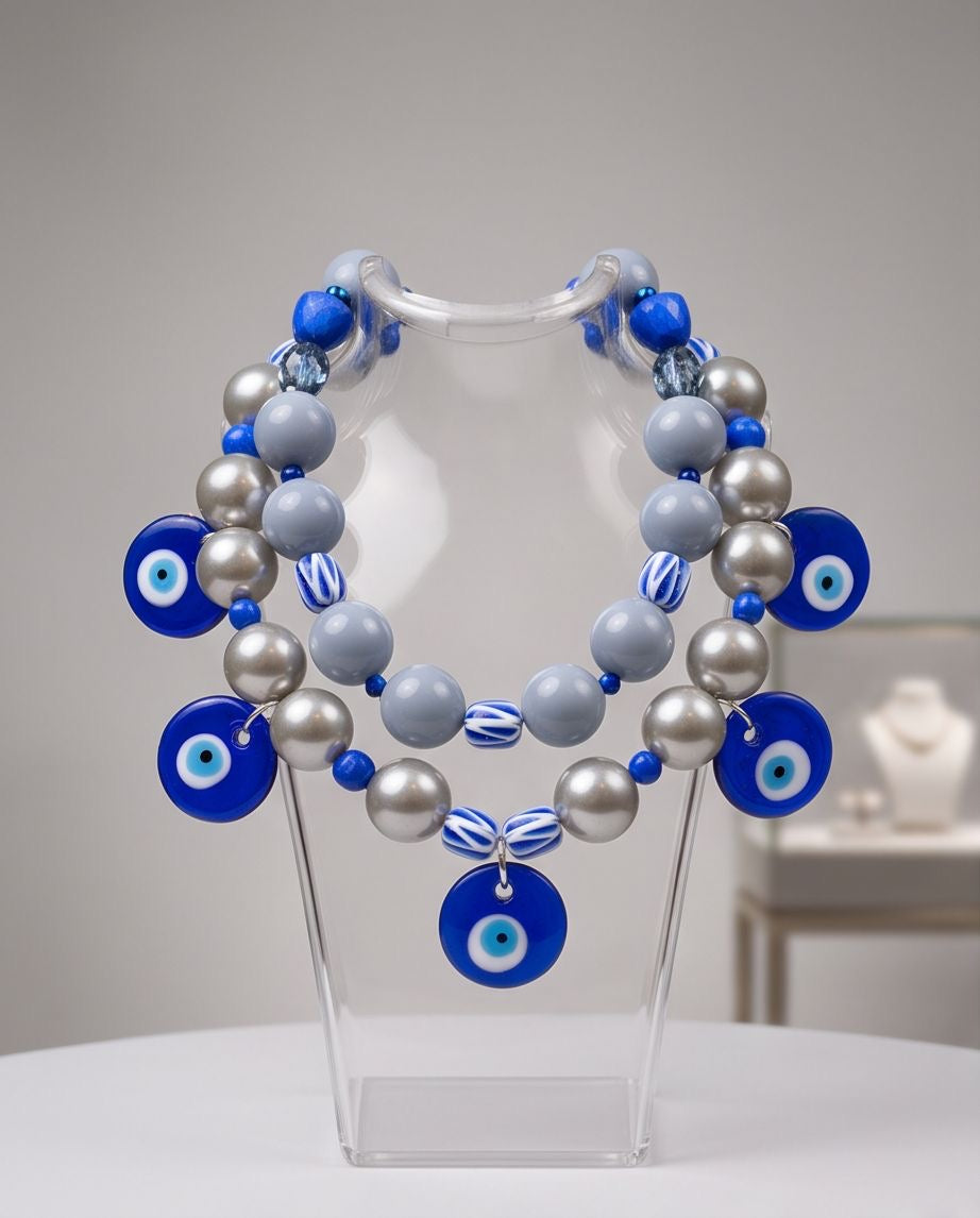 Iconic Blue – Statement-Kette mit Evil-Eye-Anhängern in Blau & Silber