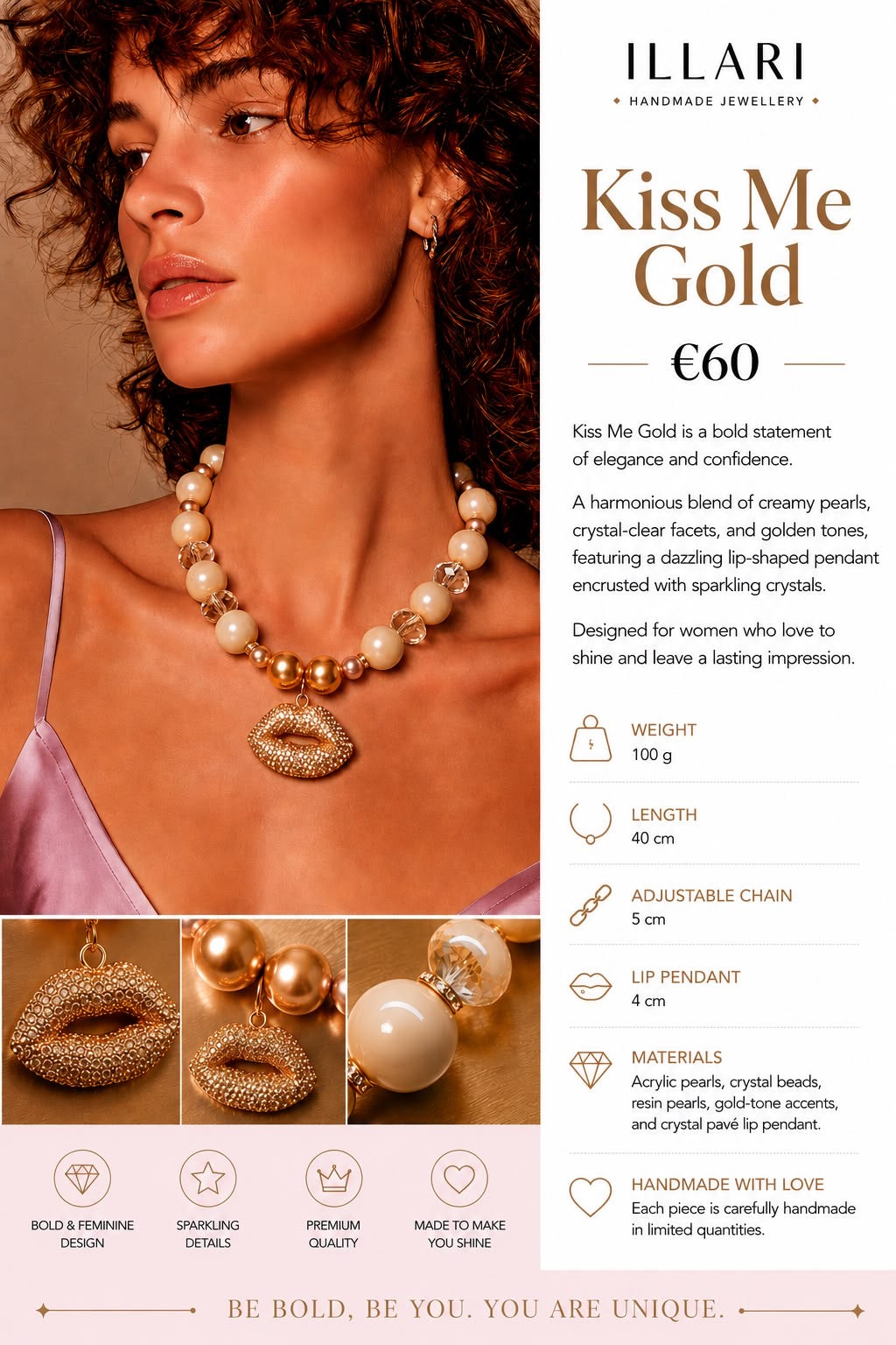 Kiss Me Gold – Statement Halskette mit Perlen & Kristall-Lippenanhänger – Einzelstück
