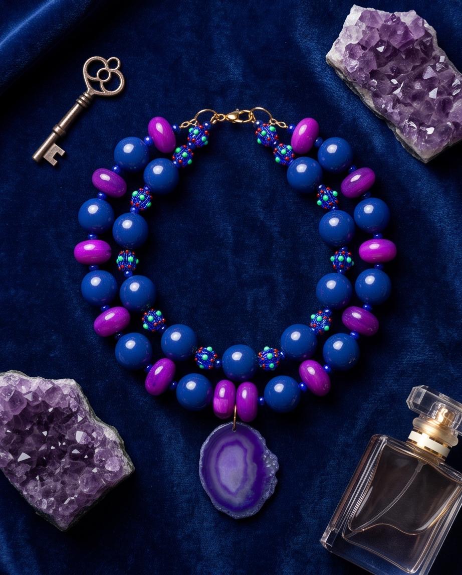 Selene – Handmade Statement Necklace with Natural Purple Agate Pendant