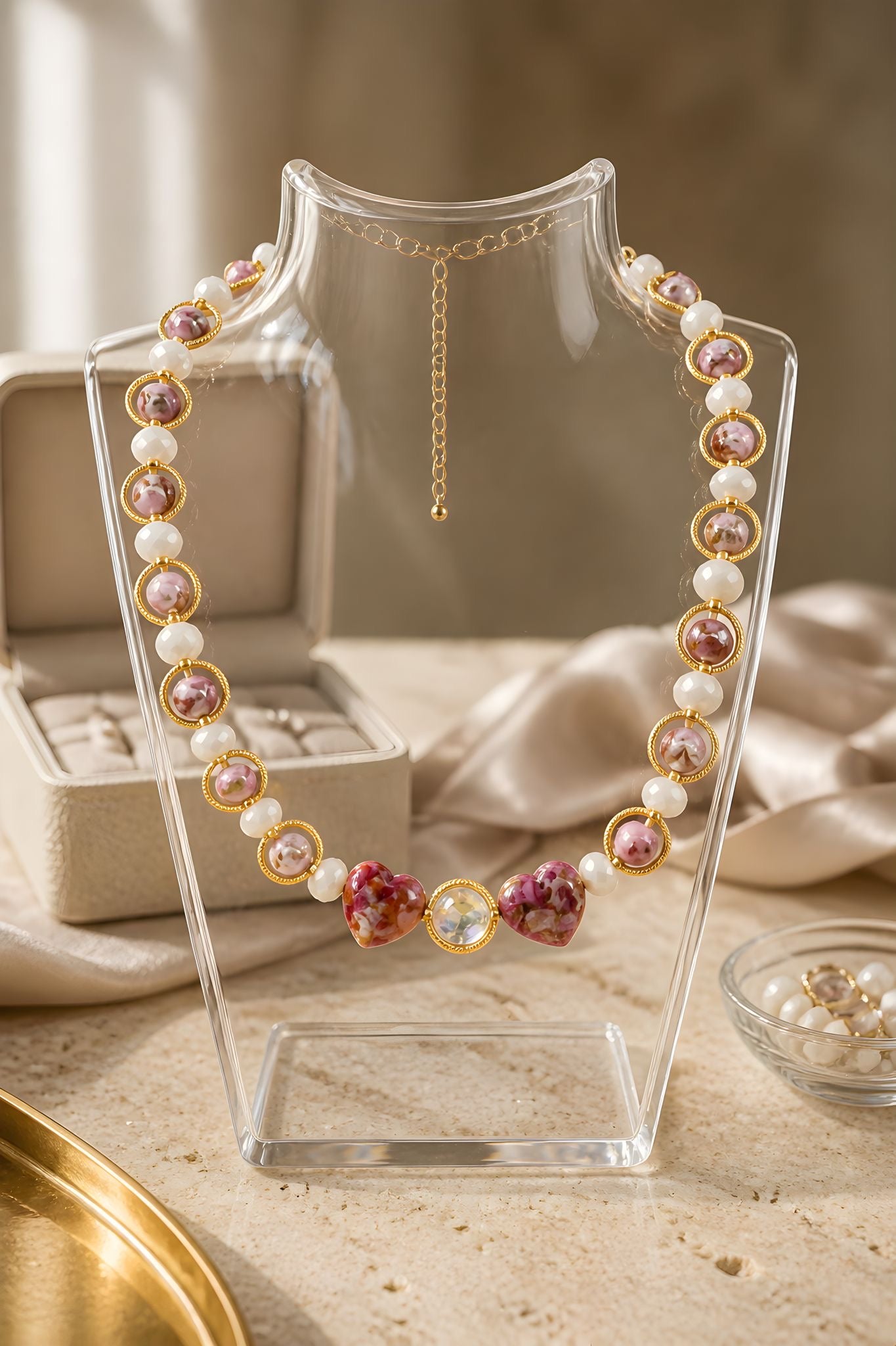 Rosé Amour Handmade Halskette by Illari – Romantische Perlenkette mit Herzdetails – Unikat