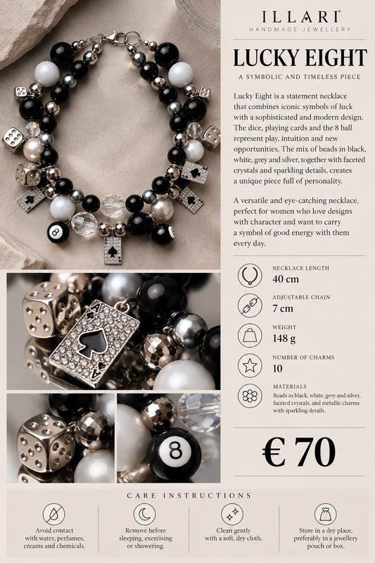 LUCKY EIGHT – Statement Halskette Schwarz & Silber mit Würfeln, Spielkarten und 8-Ball