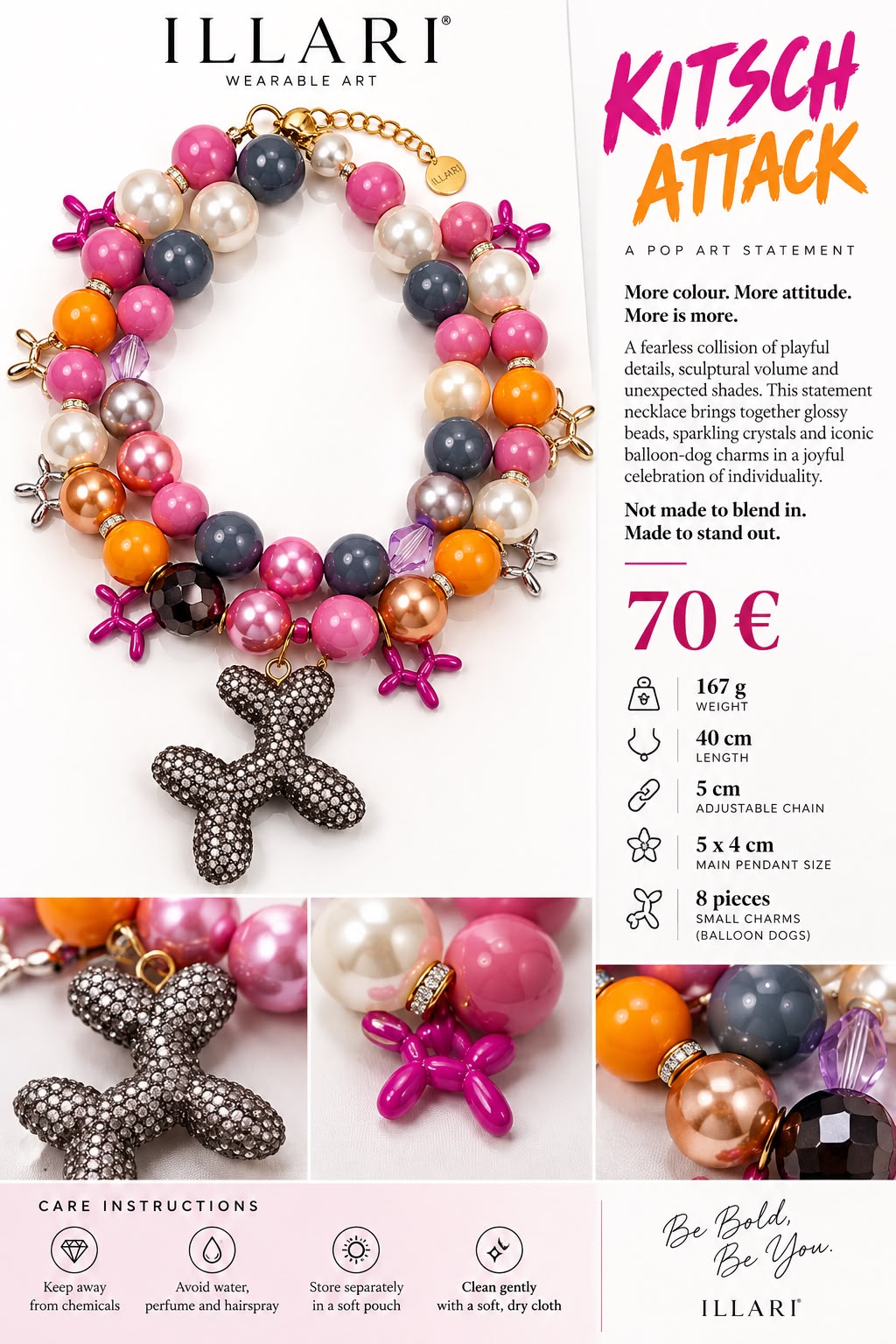 Kitsch Attack – Bunte Statement-Kette mit Ballonhund-Anhängern, Perlen und Kristalldetails
