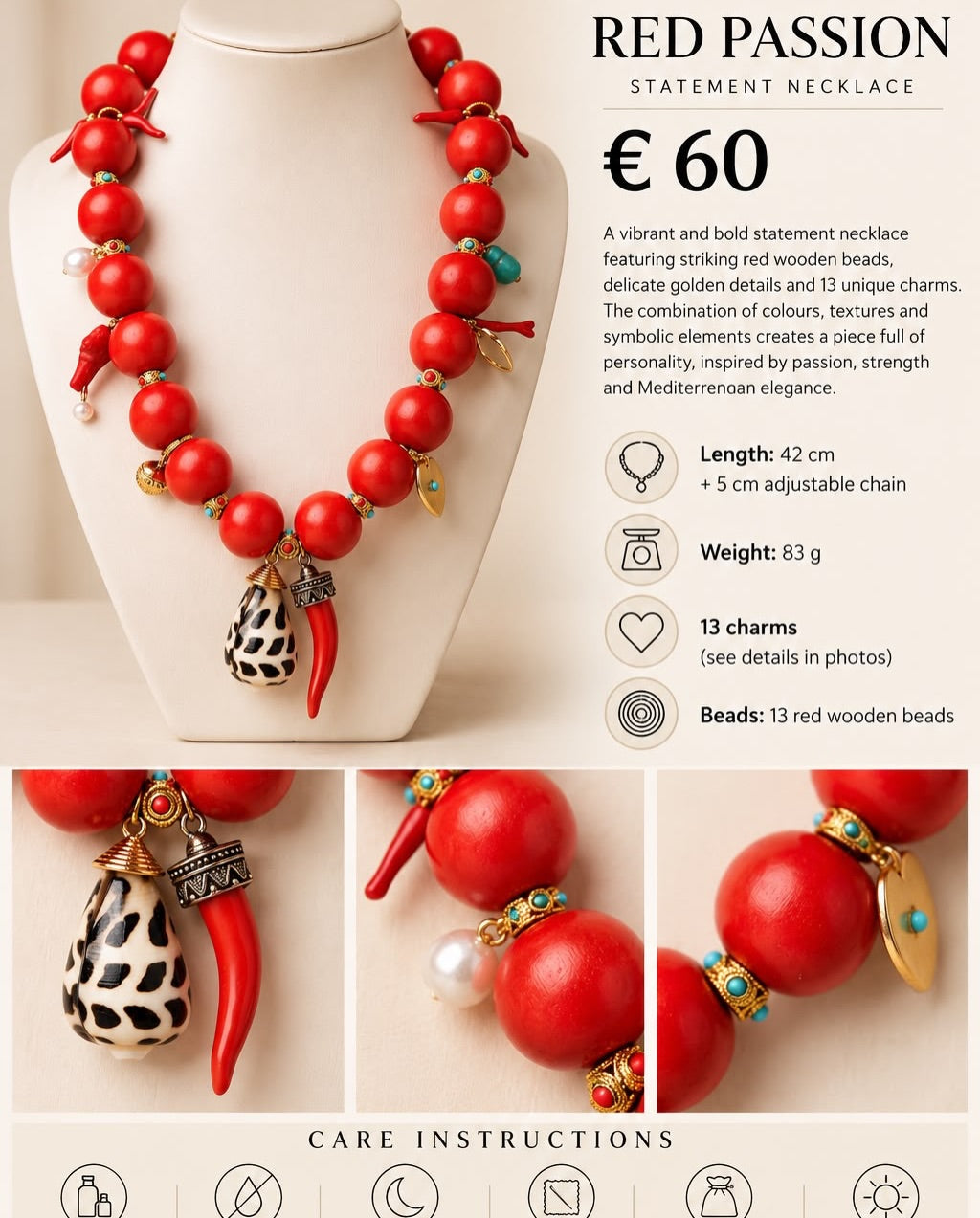Red Passion – Rote Statement-Kette mit Holzperlen, Chili-Anhängern und goldfarbenen Details
