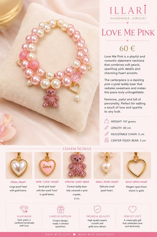 Love Me Pink – Rosa Perlen Statement-Halskette mit Crystal Teddy | Einzelstück