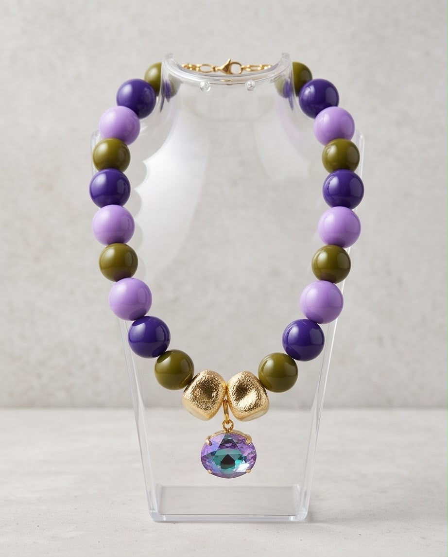 Mystic Fall – Purple & Olive Statement Necklace with Iridescent Crystal