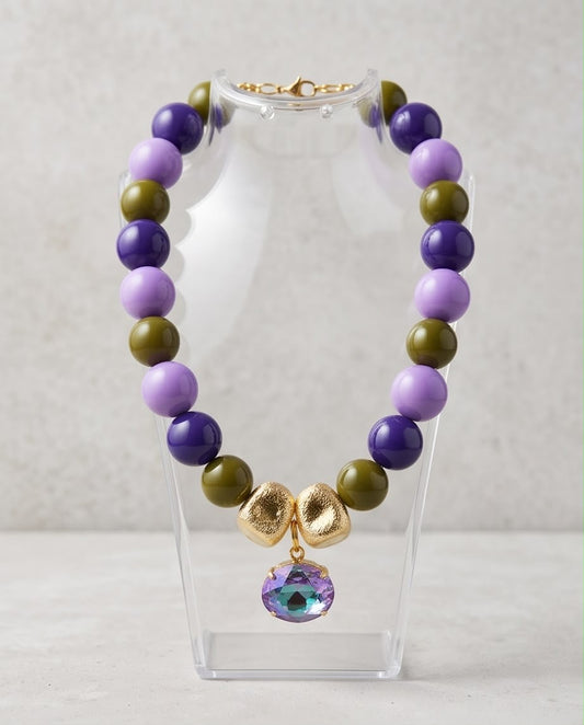 Mystic Fall – Purple & Olive Statement Necklace with Iridescent Crystal