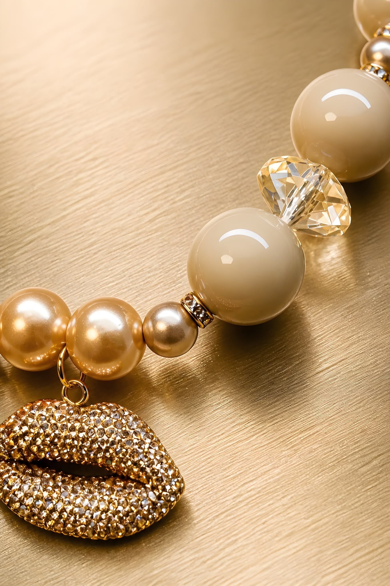 Kiss Me Gold – Statement Halskette mit Perlen & Kristall-Lippenanhänger – Einzelstück