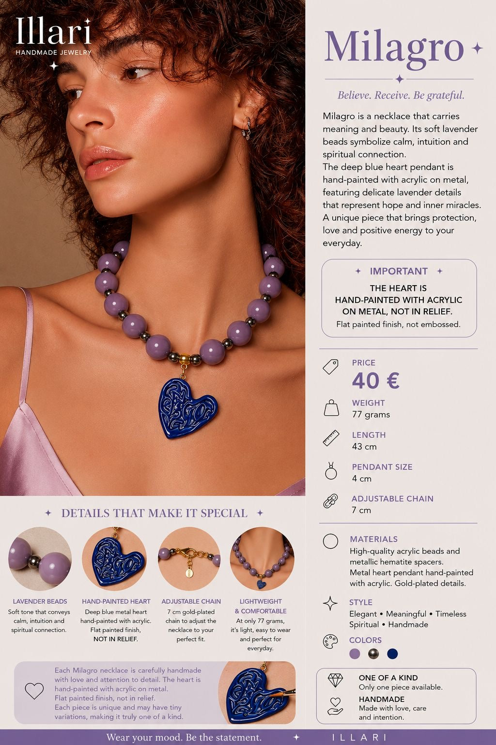 Milagro – Handmade Lavender Beaded Heart Necklace by Illari – One of a Kind