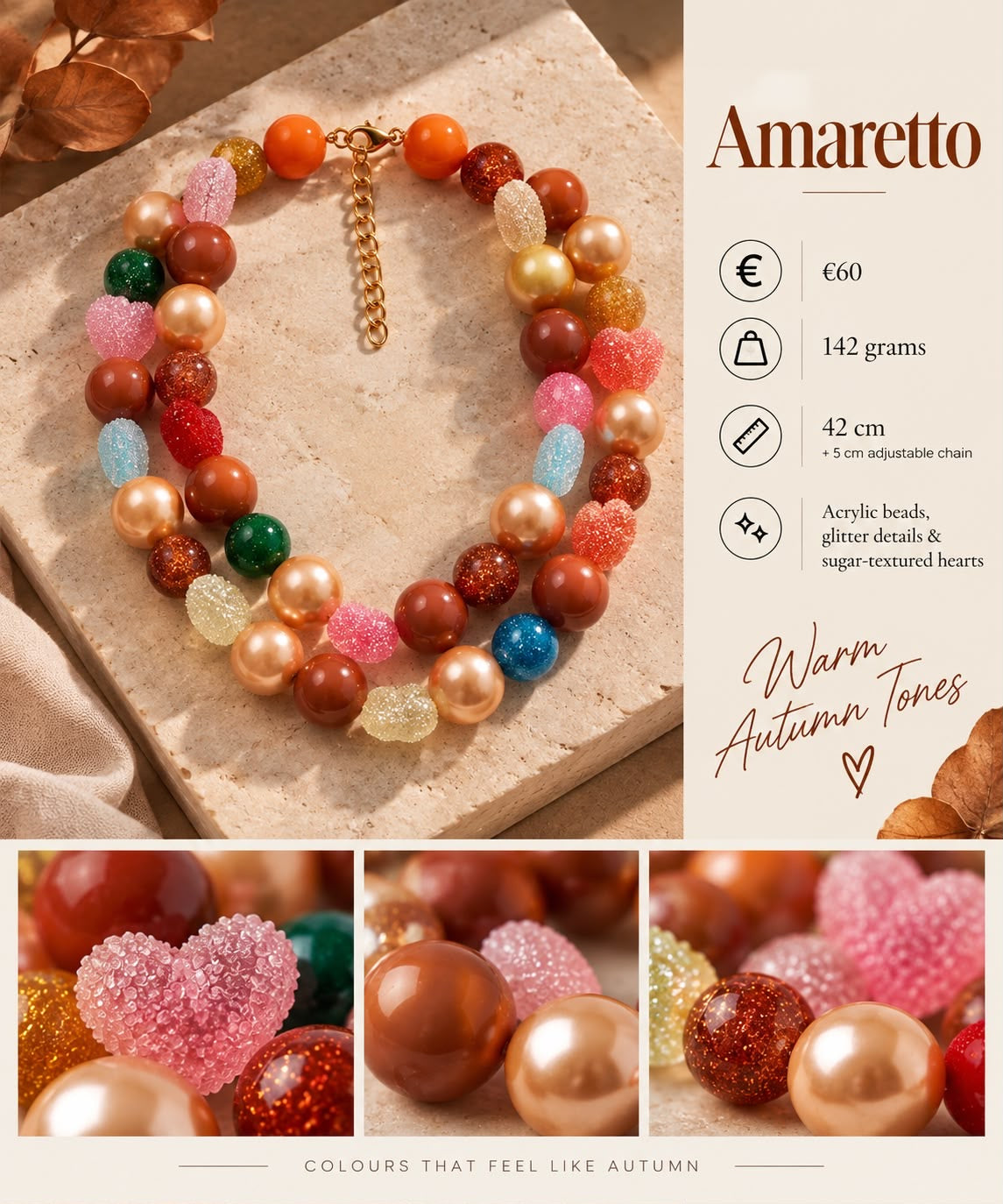 Amaretto – Statement-Kette in warmen Herbstfarben mit Candy-Herzen