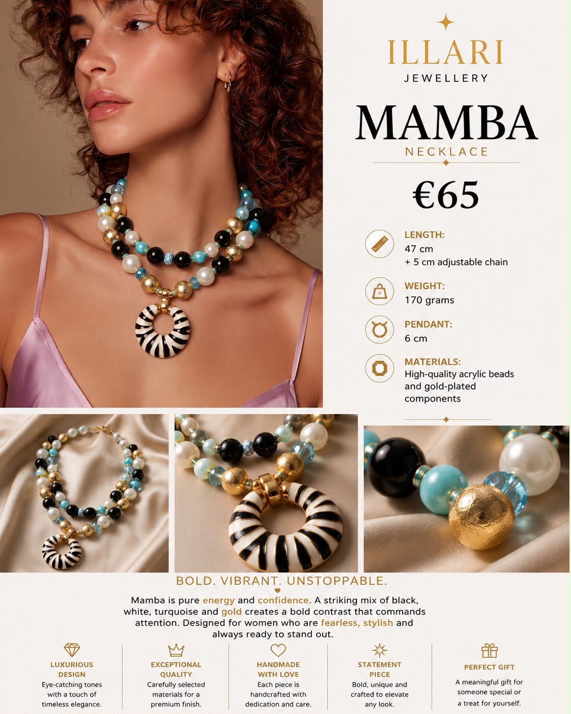 Mamba – Statement-Kette in Schwarz, Weiß, Türkis & Gold