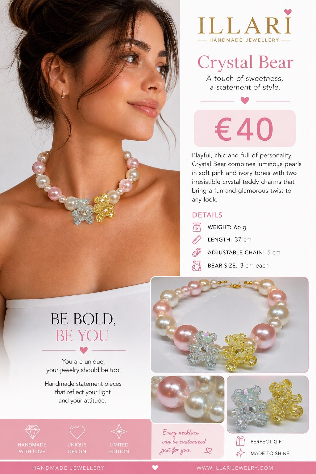 Crystal Bear – Pearl Necklace in Pink & Cream with Teddy Bear Pendants | Unique Piece