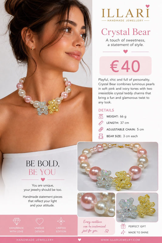 Crystal Bear – Perlen-Halskette in Rosa & Creme mit Teddy-Anhängern | Einzelstück