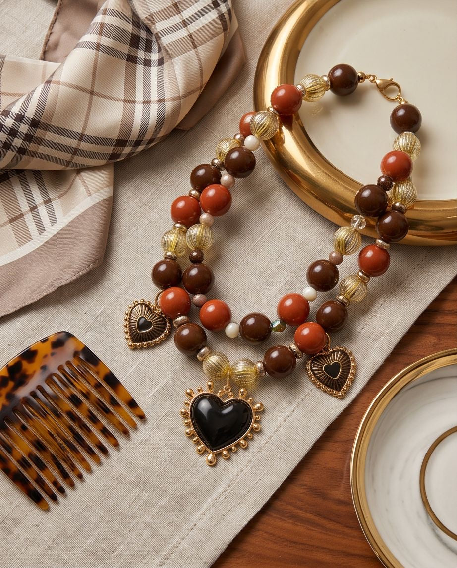 Dark Amour – Statement-Kette mit schwarzen Herzanhängern in Braun, Rostrot & Gold