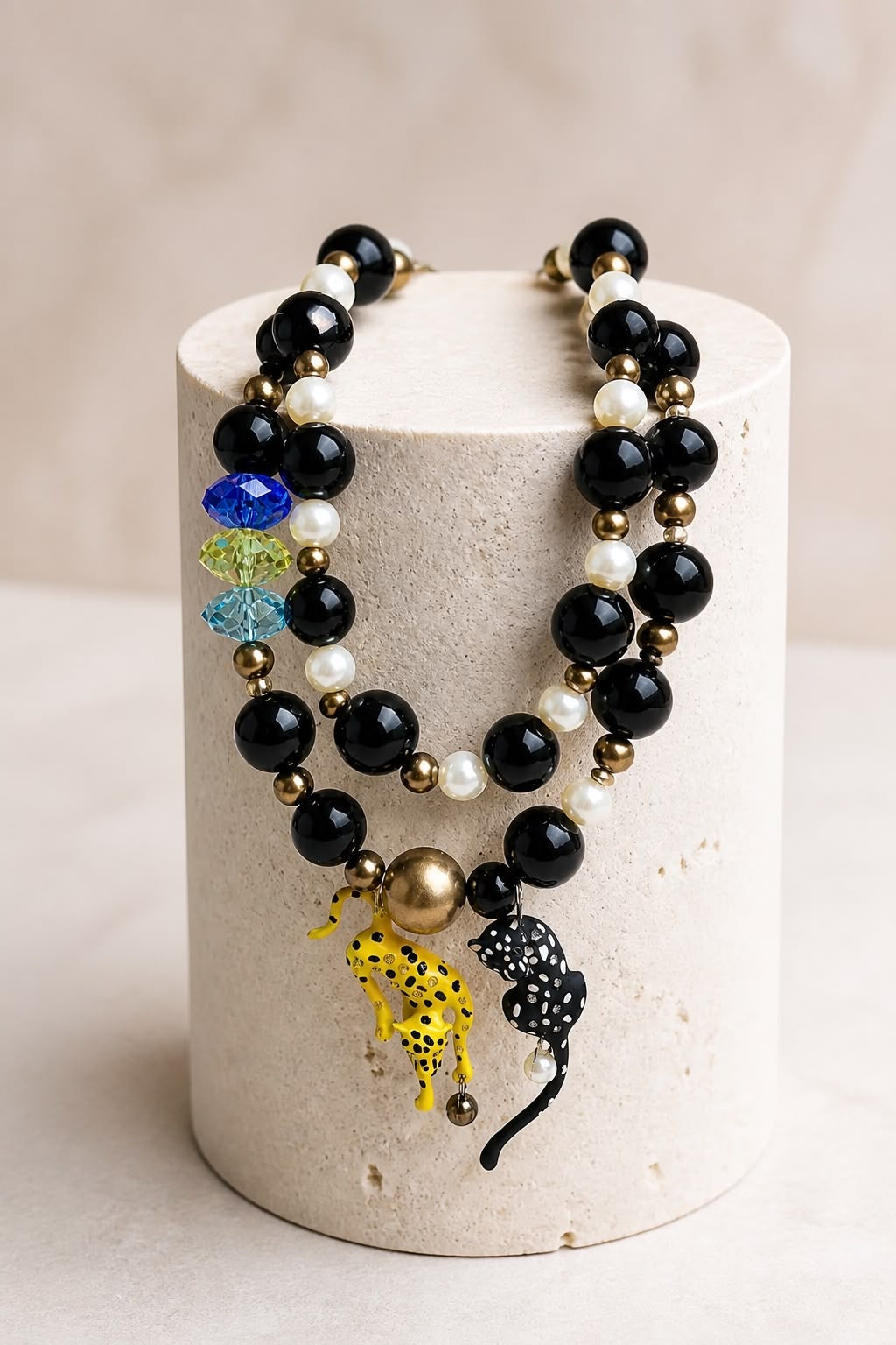 Wild Elegance – Black Statement Necklace with Wild Cats | One of a Kind