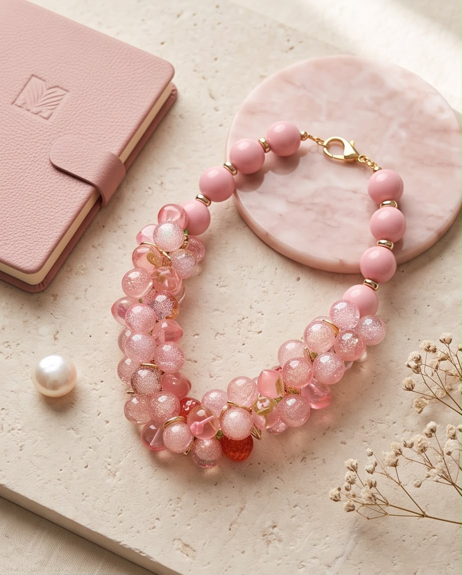 Juicy Blush – Pink statement necklace with transparent beads