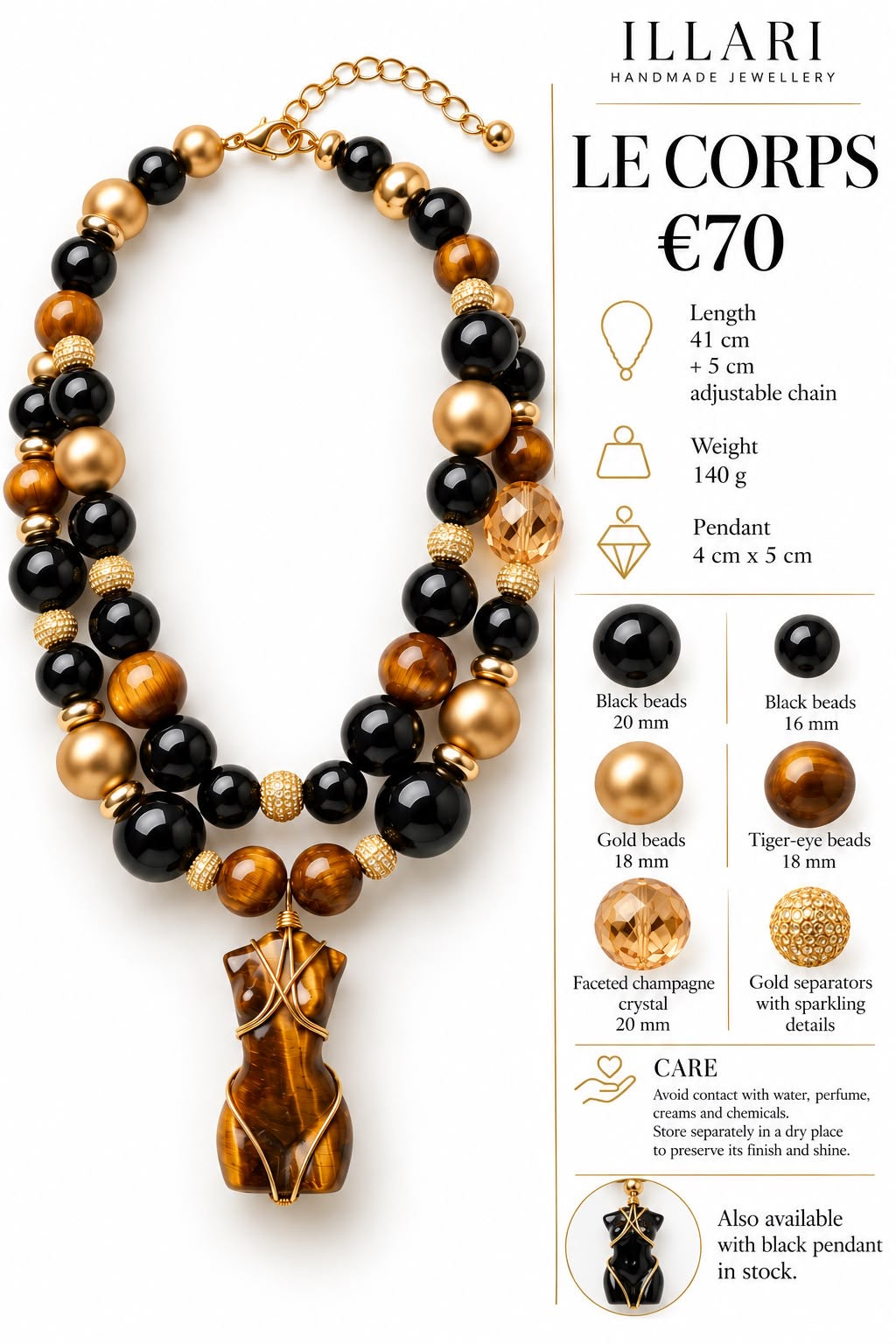 LE CORPS – Statement Halskette in Schwarz, Gold & Tigerauge mit Körper-Anhänger