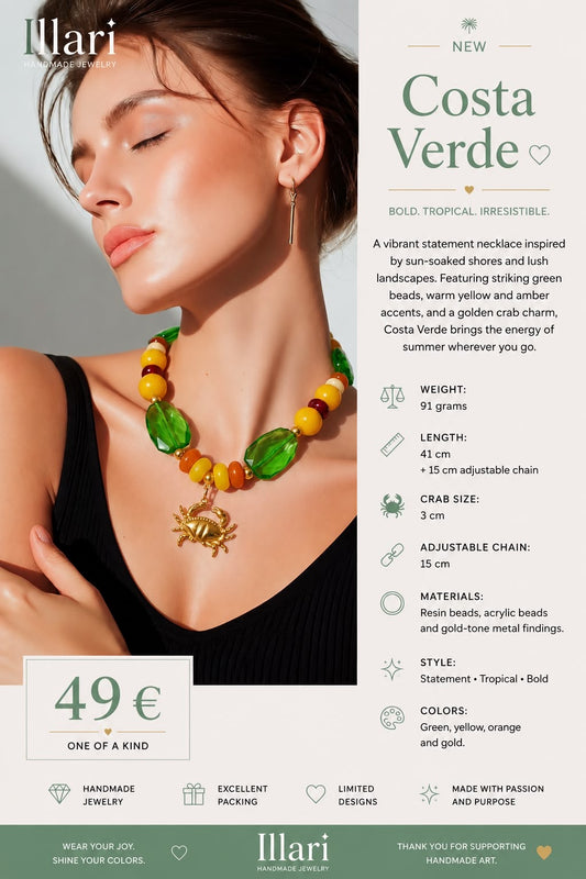 Costa-Verde-Statement-Halskette | Halskette mit grünem Krebs-Anhänger | Tropische Perlenkette | Handgefertigter Strandschmuck | Einzigartiges Sommergeschenk für Frauen
