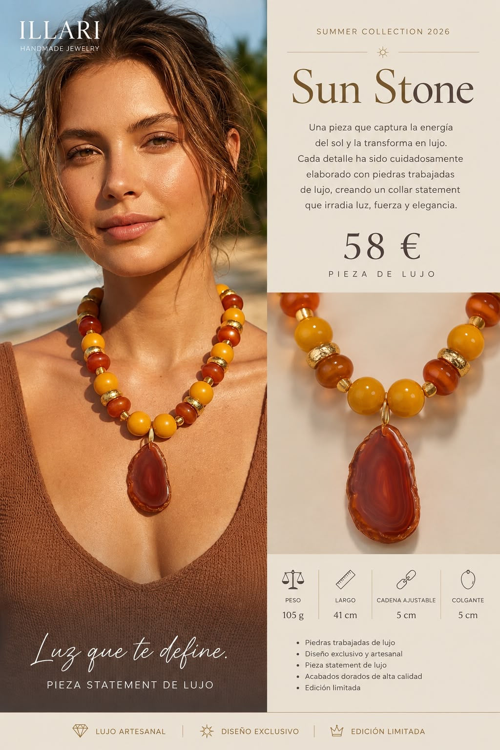 Sun Stone – Handgefertigte Statement-Halskette mit Naturstein-Anhänger | Einzelstück