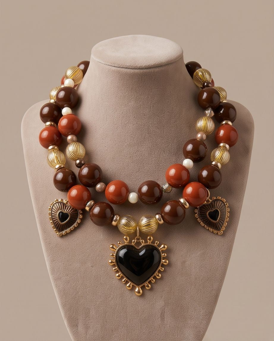 Dark Amour – Statement-Kette mit schwarzen Herzanhängern in Braun, Rostrot & Gold