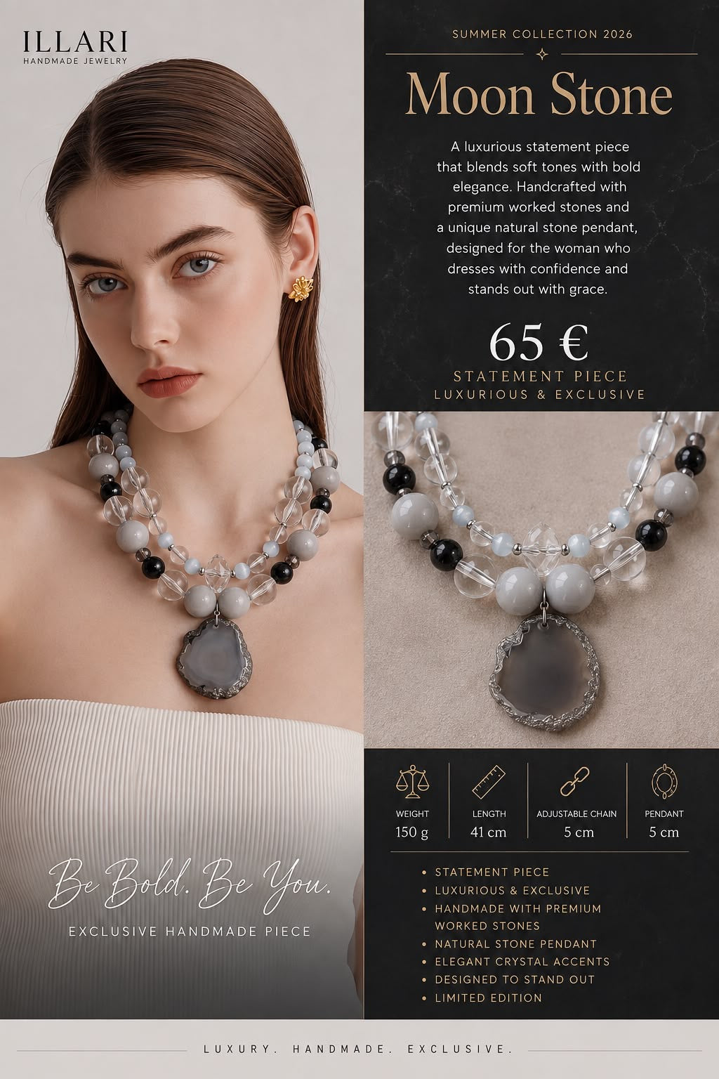 Moon Stone – Handgefertigte Statement-Halskette mit Naturstein-Anhänger | Einzelstück