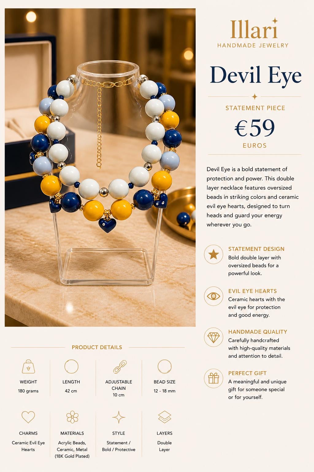 Devil Eye Handmade Statement Necklace by Illari – Evil Eye Double Layer Necklace – Unique Piece