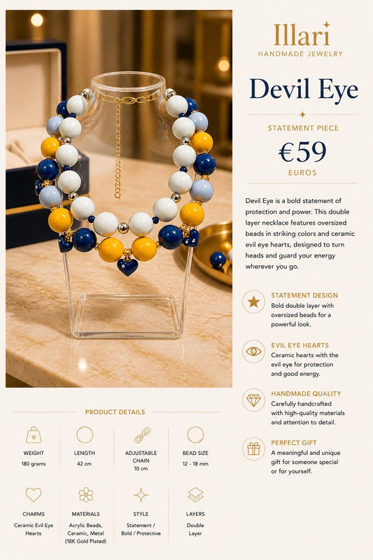 Devil Eye Handmade Statement Necklace by Illari – Evil Eye Double Layer Necklace – Unique Piece