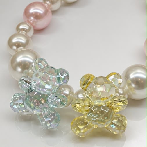 Crystal Bear – Pearl Necklace in Pink & Cream with Teddy Bear Pendants | Unique Piece