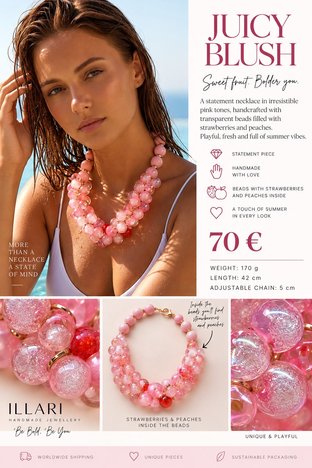 Juicy Blush – Pink statement necklace with transparent beads
