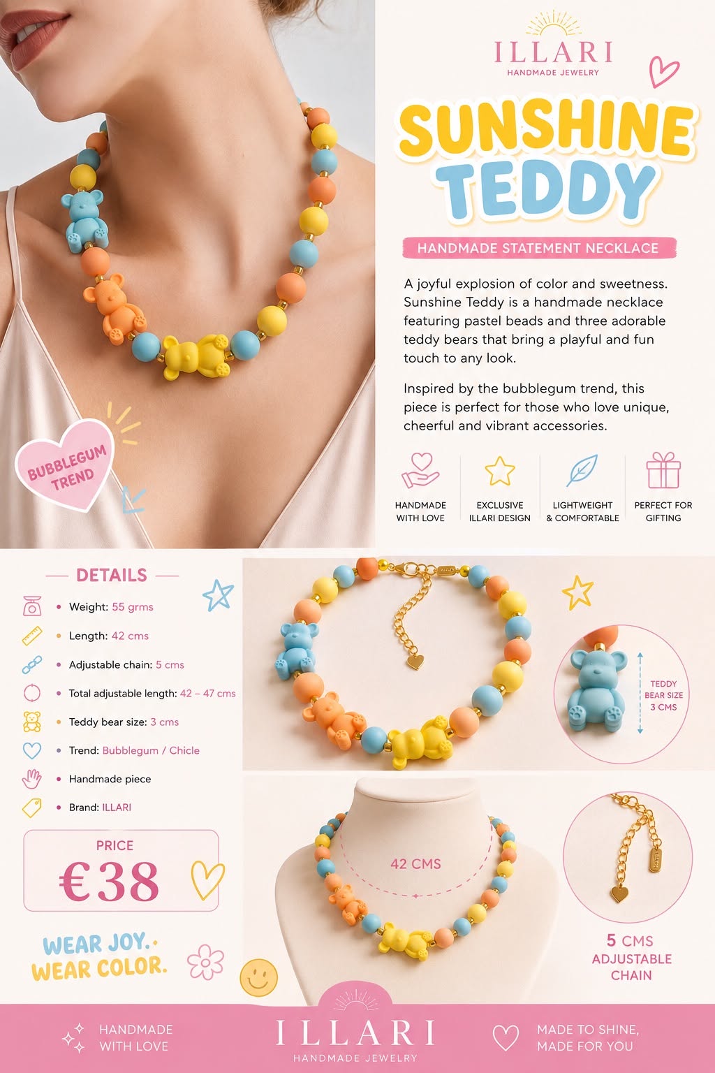 Sunshine Teddy Handmade Necklace by Illari