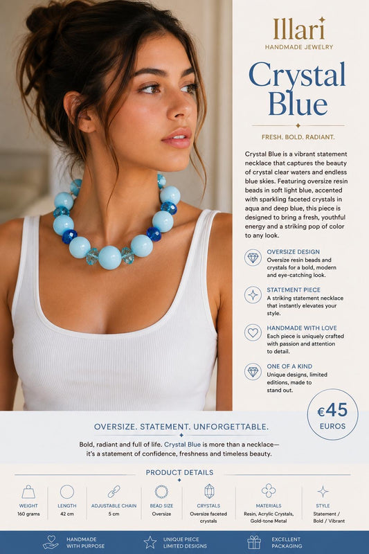 Crystal Blue – Handmade Oversize Beaded Statement Necklace by Illari – One of a Kind