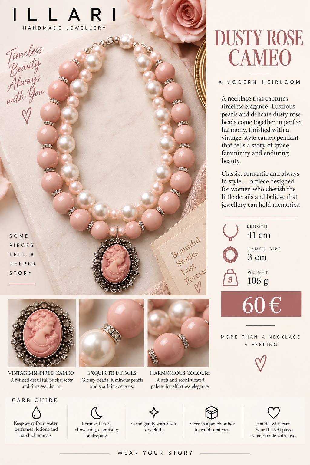 Dusty Rose Cameo Handmade Pearl Statement Necklace by Illari