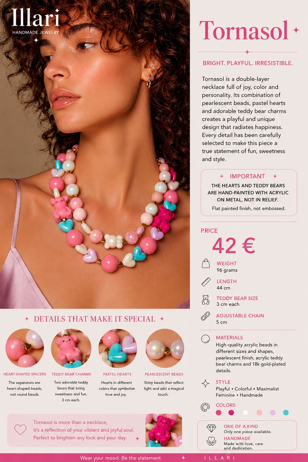 Tornasol – Double Layer Handmade Teddy Heart Statement Necklace by Illari – One of a Kind