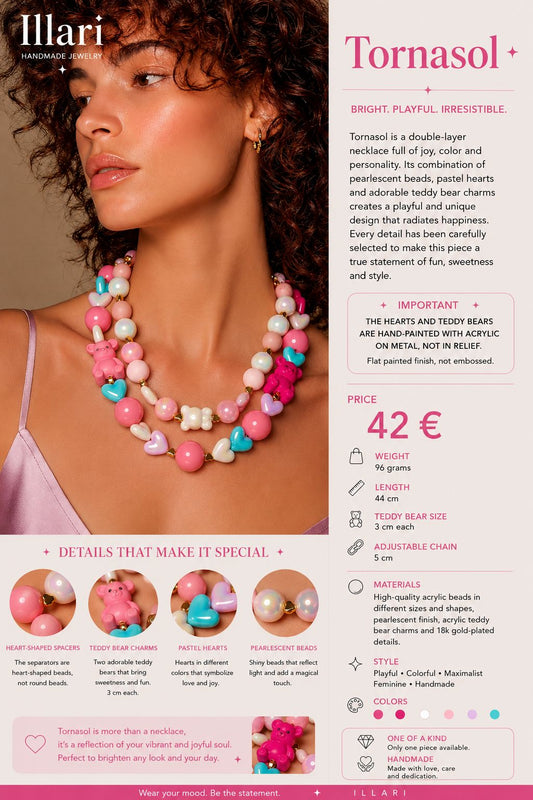 Tornasol – Double Layer Handmade Teddy Heart Statement Necklace by Illari – One of a Kind