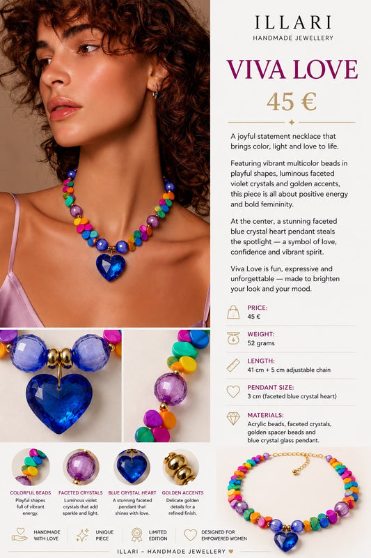 Viva Love – Bunte Statement-Kette mit blauem Kristallherz | Einzelstück