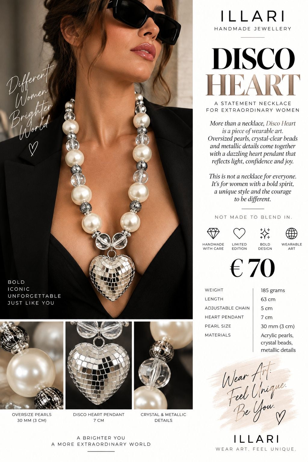 Disco Heart – Statement-Kette mit Spiegelherz, XXL-Perlen & Kristallperlen