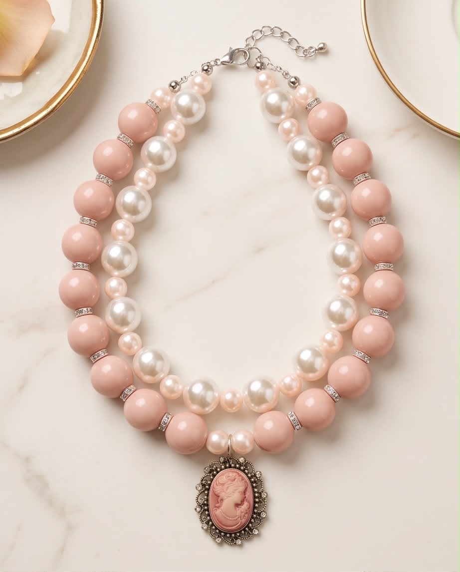 Dusty Rose Cameo Handmade Pearl Statement Necklace by Illari