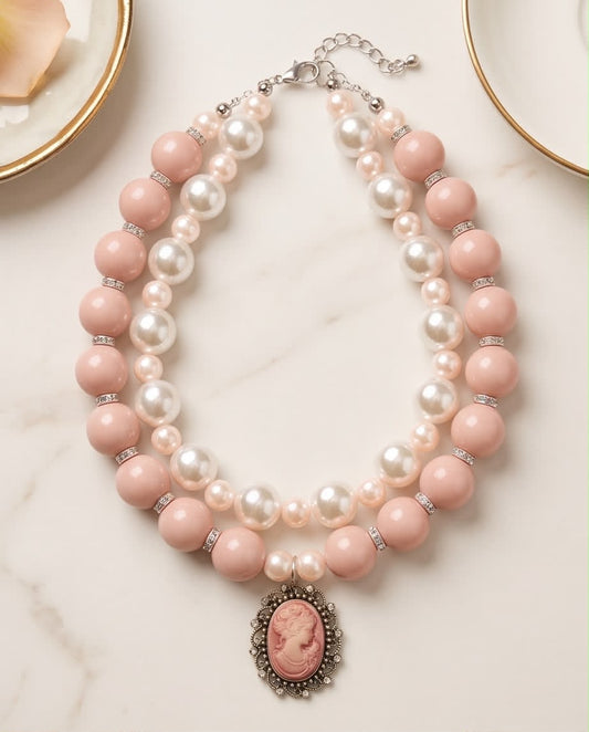 Dusty Rose Cameo Handmade Pearl Statement Necklace by Illari