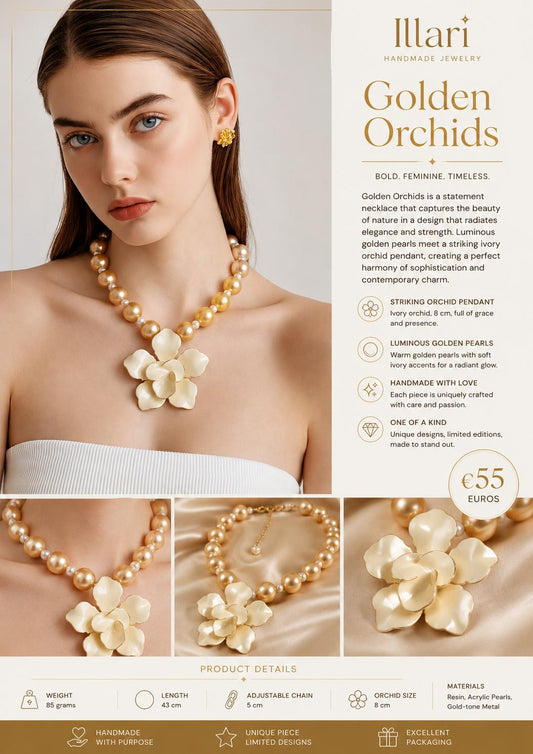 Golden Orchids Handmade Halskette by Illari – Statement-Blütenkette – Unikat