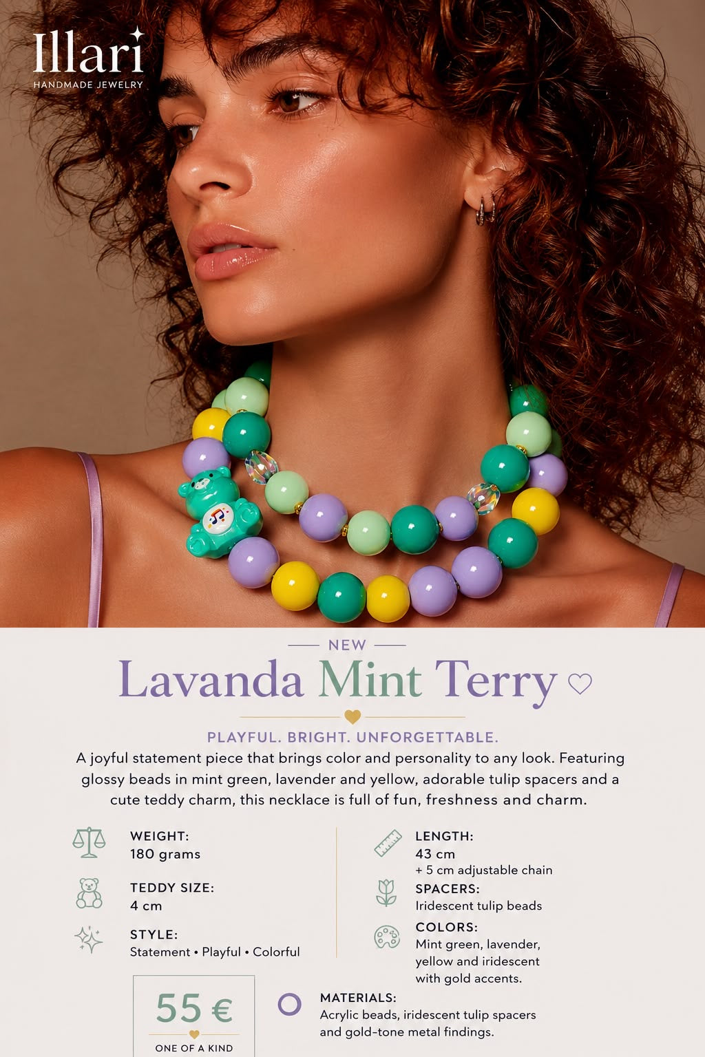 Lavanda Mint Terry – Double Layer Beaded Handmade Teddy Statement Necklace by Illari – One of a Kind