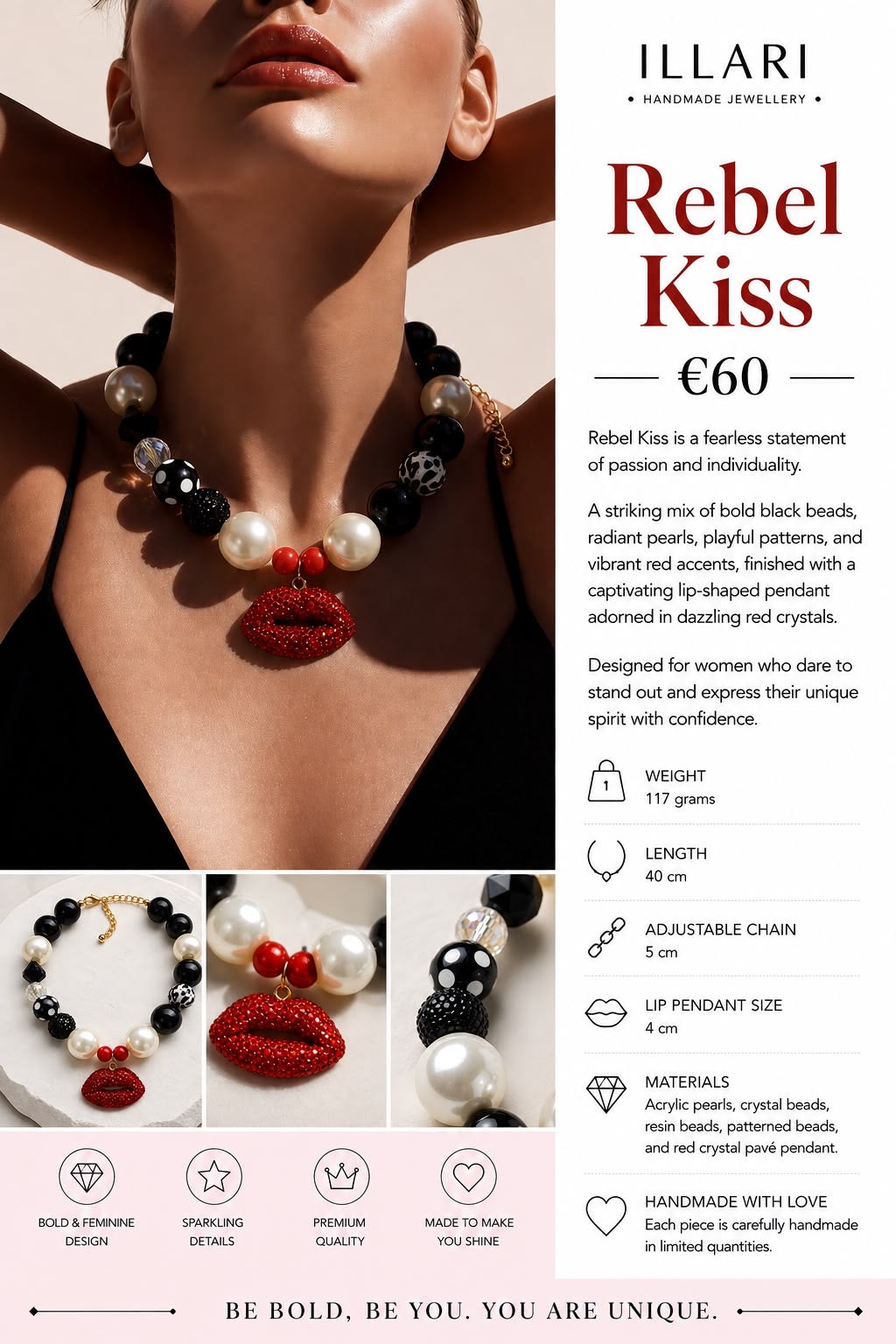 Rebel Kiss – Statement Halskette mit rotem Kristall-Lippenanhänger – Einzelstück