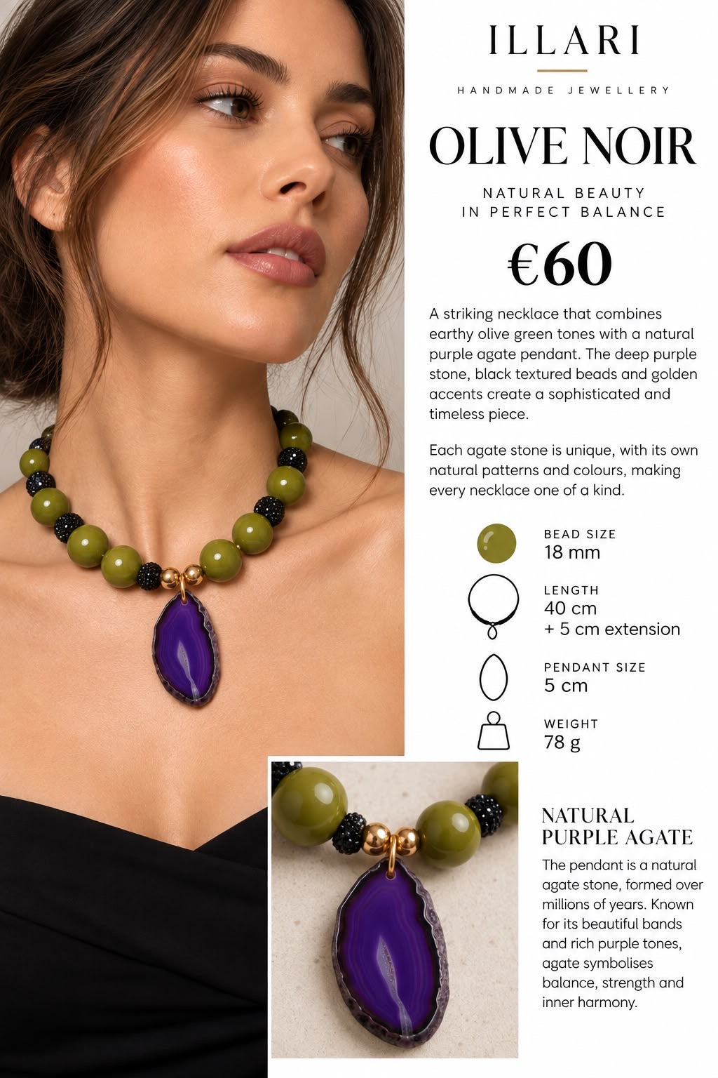 Olive Noir Handmade Agate Necklace by Illari