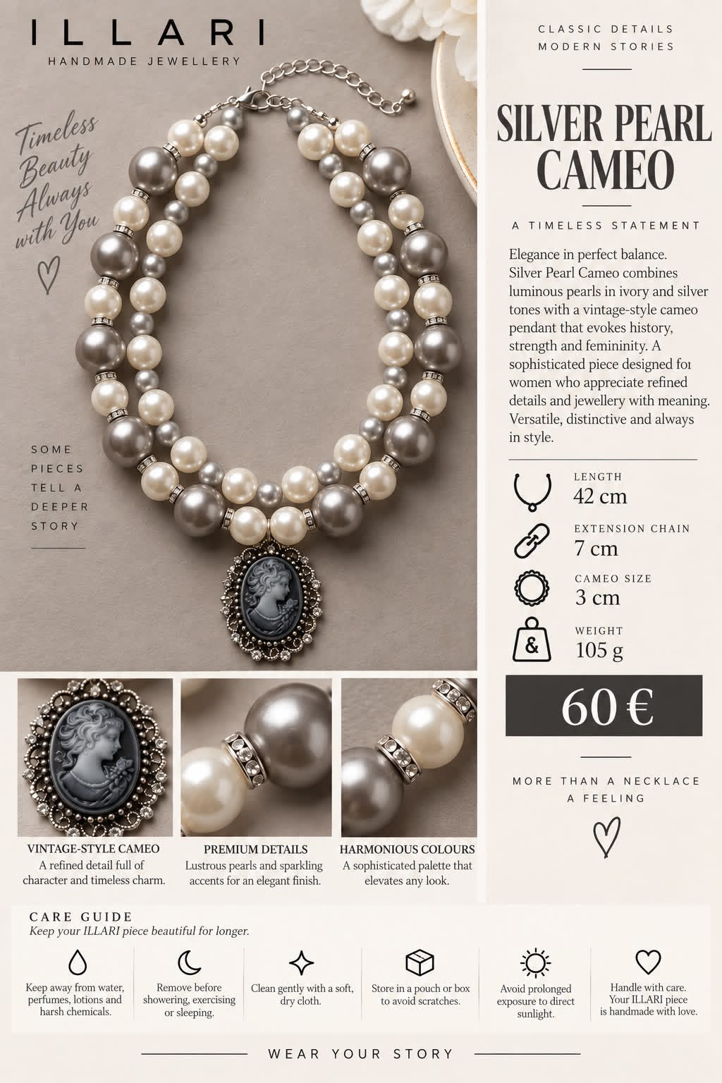 Silver Pearl Cameo Handmade Statement Necklace by Illari