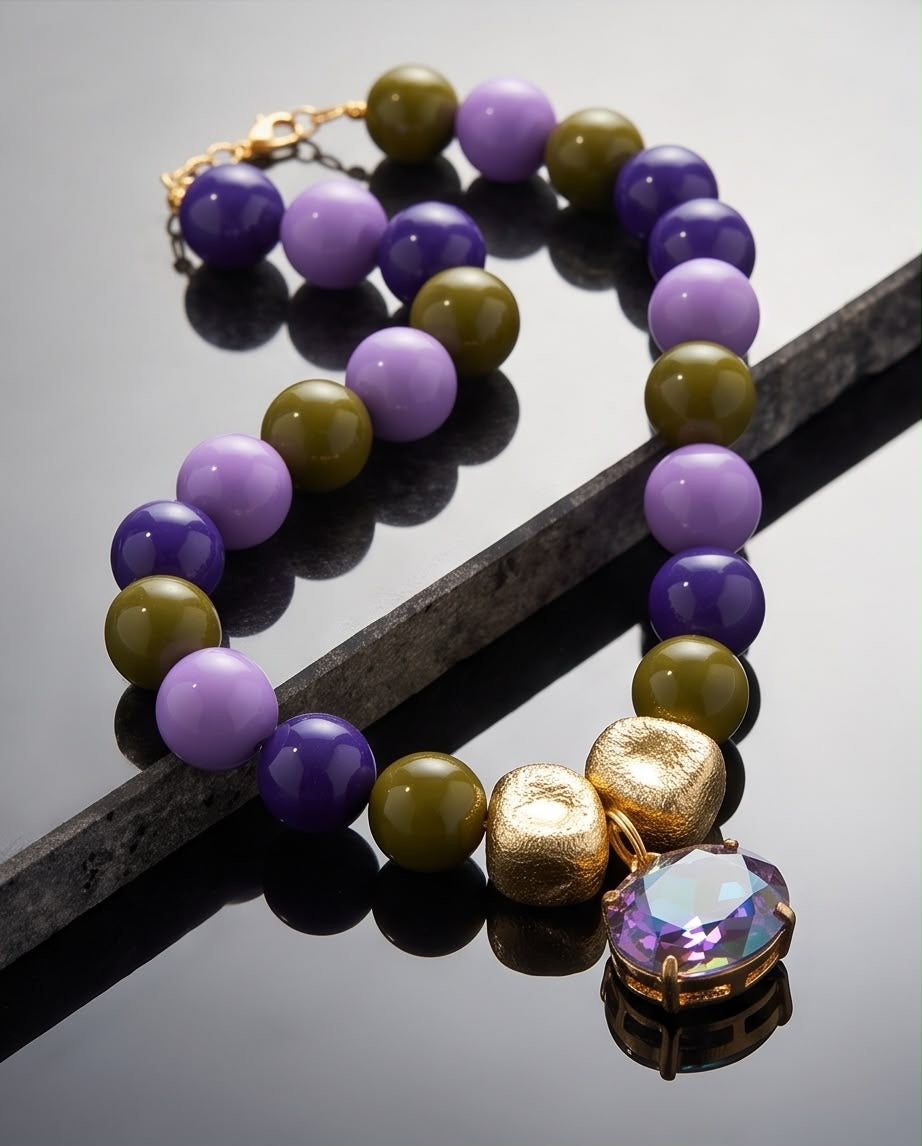 Mystic Fall – Purple & Olive Statement Necklace with Iridescent Crystal