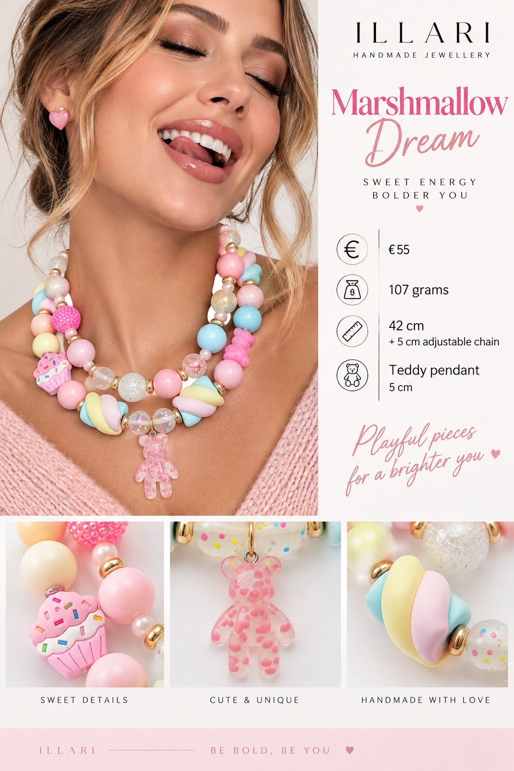Marshmallow Dream – Statement-Kette in Pastell mit Teddy-Anhänger
