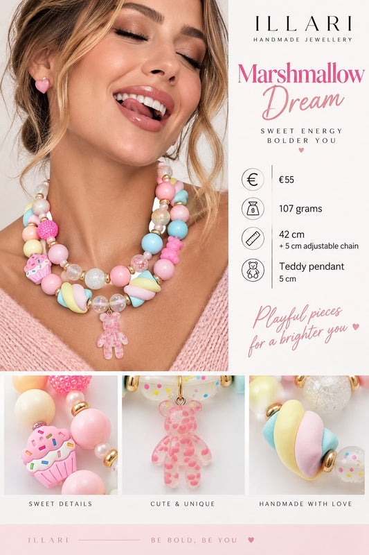 Marshmallow Dream – Statement-Kette in Pastell mit Teddy-Anhänger