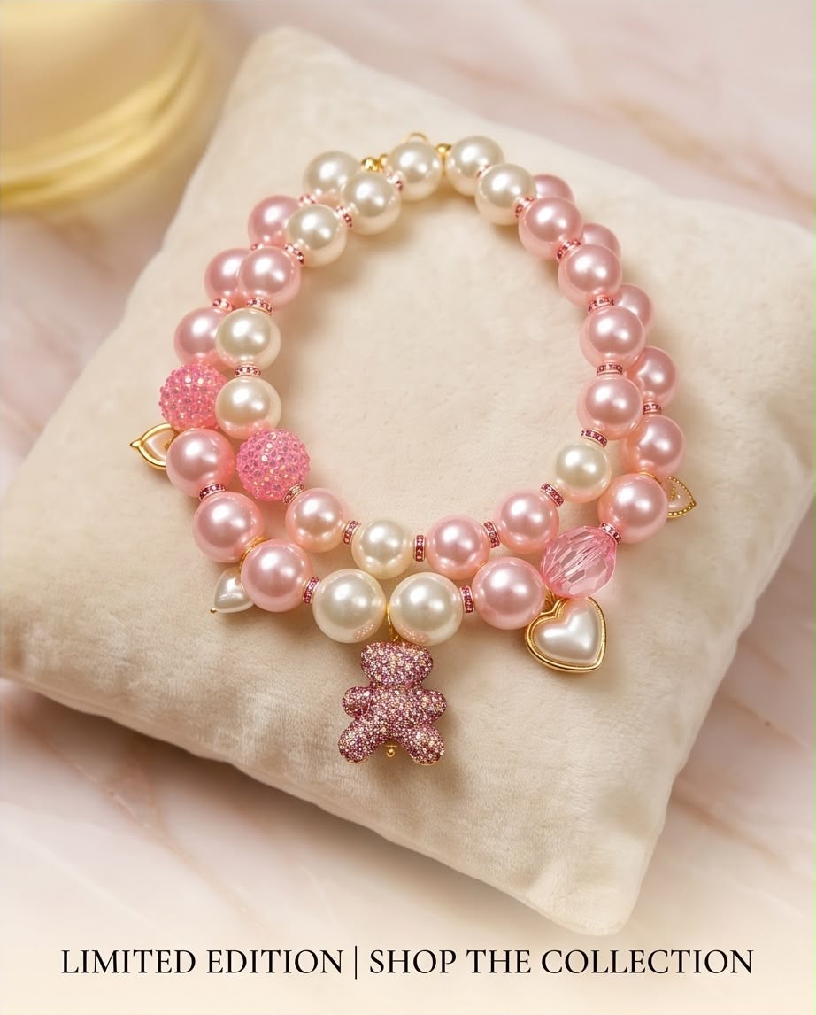 Love Me Pink – Rosa Perlen Statement-Halskette mit Crystal Teddy | Einzelstück