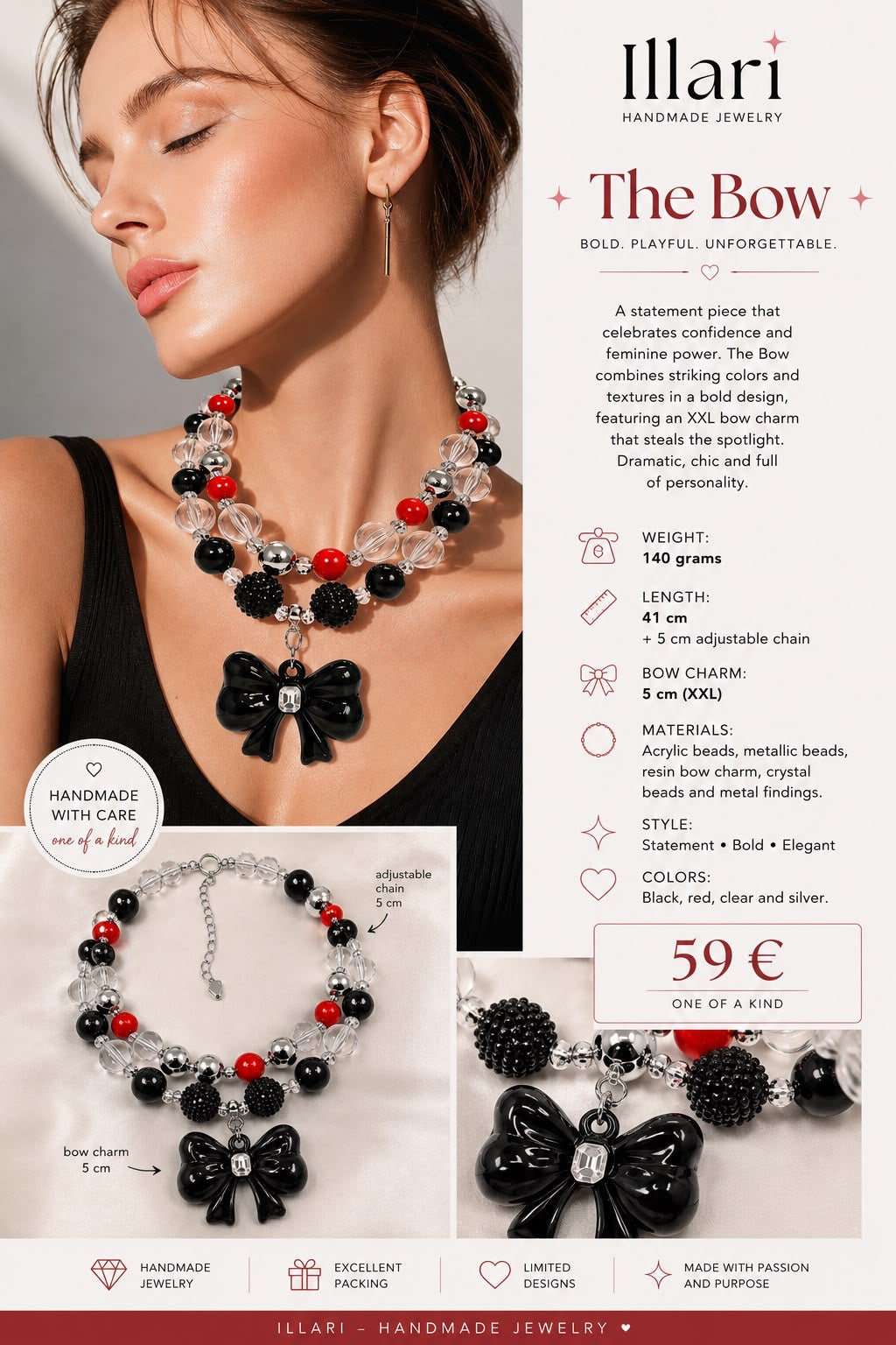 The Bow – Handmade XXL Bow Beaded Statement Necklace by Illari – One of a Kind