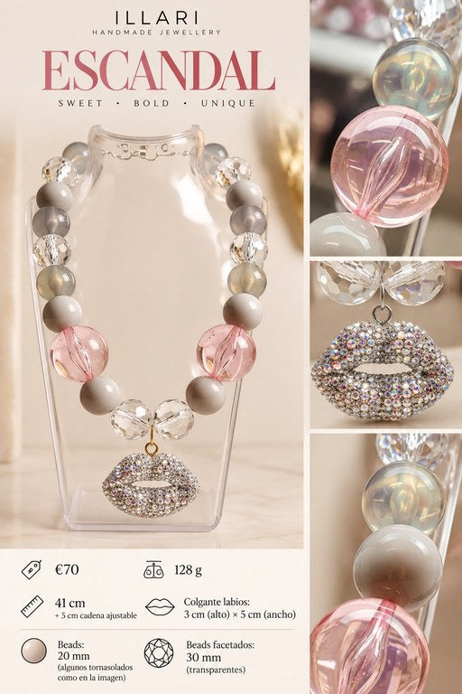 ESCANDAL – Statement-Kette mit Kristall-Lippenanhänger in Rosé, Perlmutt & Silber