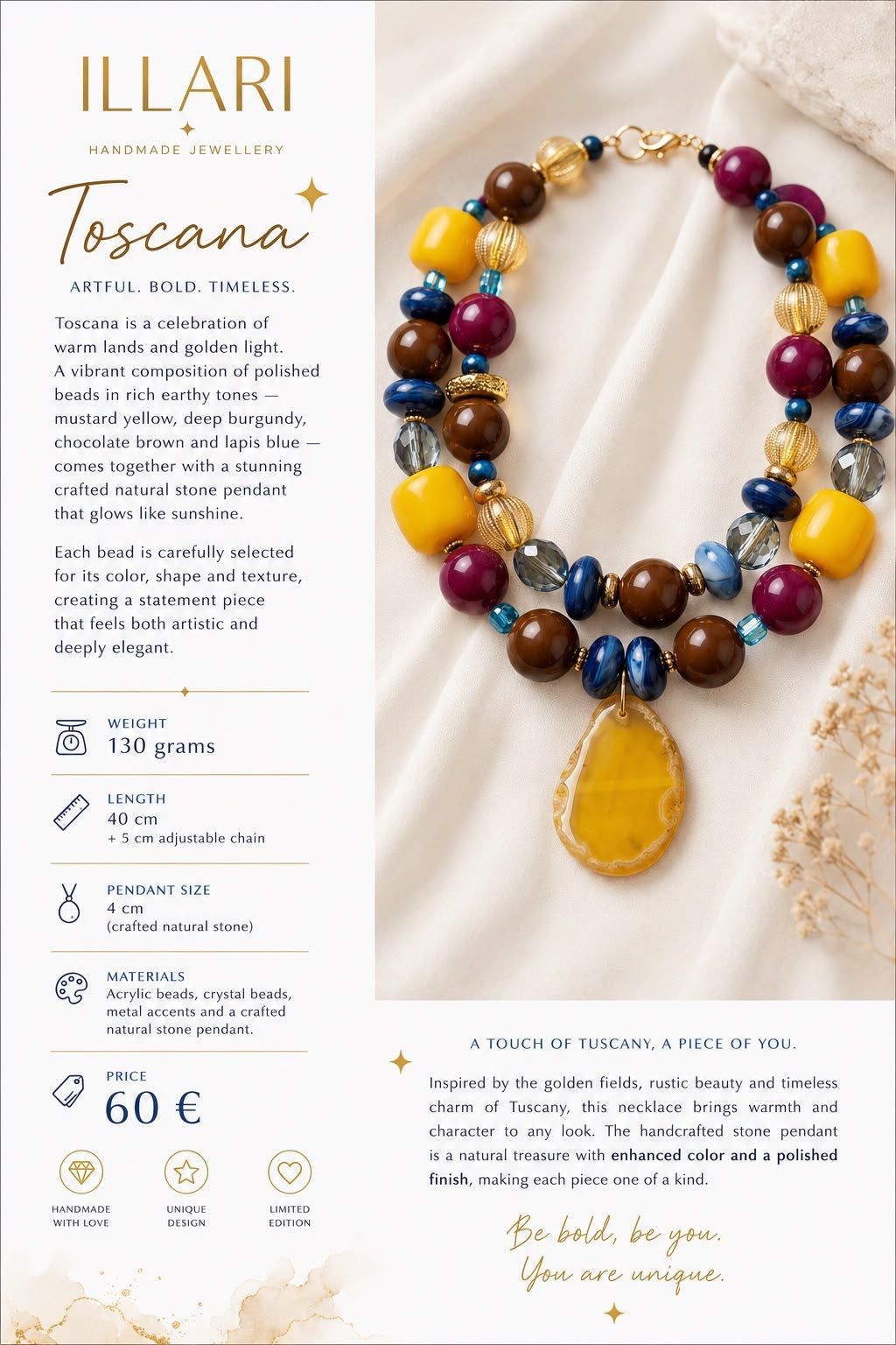 Tuscany – Statement Necklace in Gold, Blue & Warm Earth Tones | One-of-a-kind