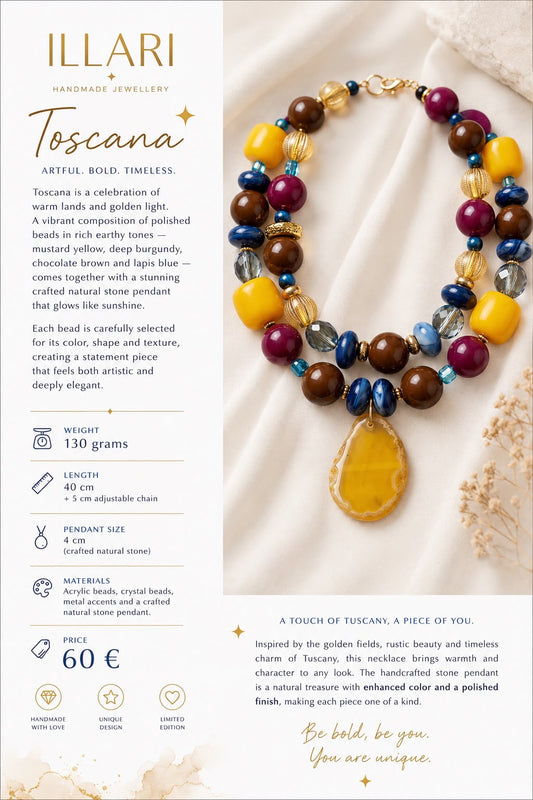 Toscana – Statement-Halskette in Gold, Blau & warmen Erdtönen | Einzelstüc